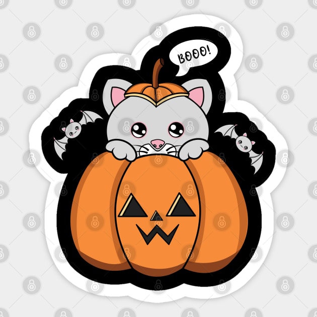 Happy Halloween Cute Cat, Kawaii black cat with pumpkin Sticker by JS ARTE